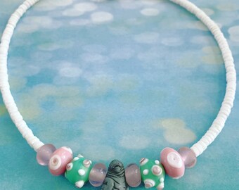 Pink and Green Bumpy Lampwork Glass Bead Manatee Necklace
