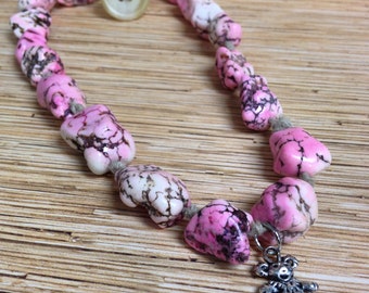 Pink Blush Stone Knotted Hemp Dancing Bear Necklace