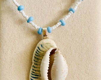 Sea Tumbled Patterned Puerto Rican Tile Pendant with Cowry Shell Necklace Beachcombing Jewelry 19.25 inches