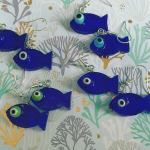 Cobalt Glass Fish with Buggy Eyes Fish Hook Earrings