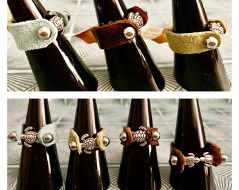 Genuine Leather Barbell Sea Turtle Recycled Glass Bead Ring