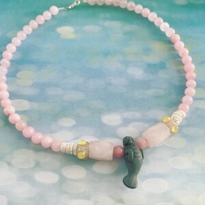 Rose Quartz Lampwork Puka Shell Manatee Necklace