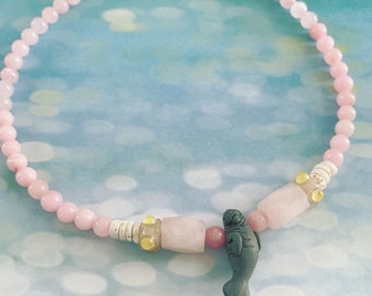 Rose Quartz Lampwork Puka Shell Manatee Necklace