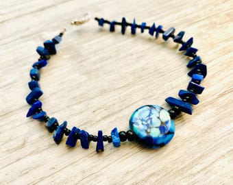 Blue Lapis Stone Chip Ocean Vibe Lampwork Bead Anklet 9.5 inches