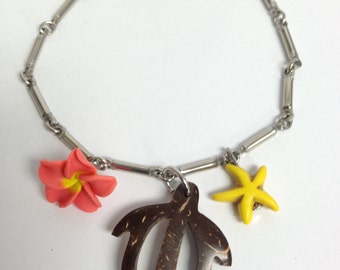 Coconut Honu Seaturtle and Plumeria Bracelet