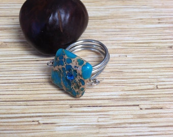 Dyed Imperial Jasper Ring with blue crystal size 7