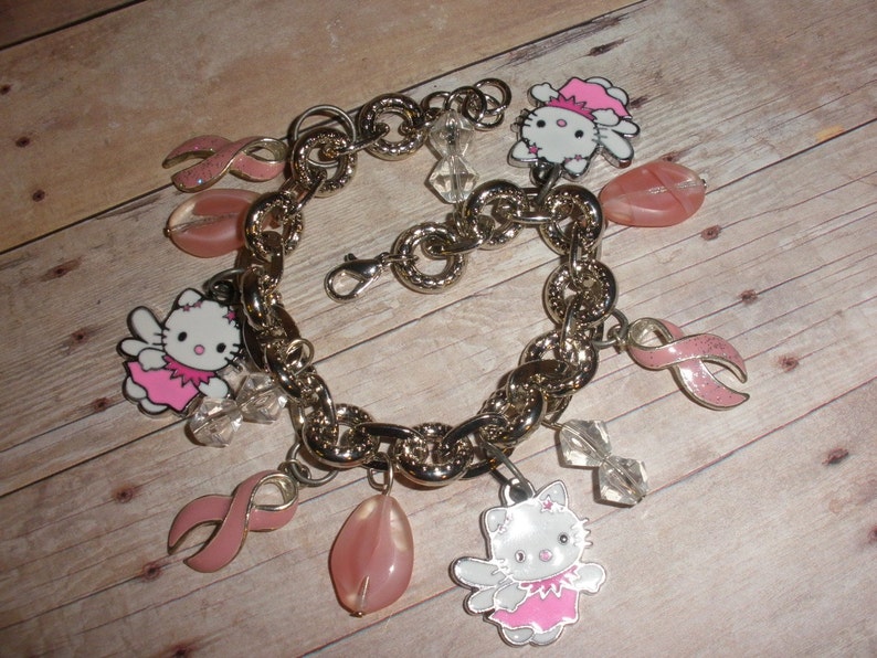 Kitty Cat Angel Breast Cancer Awareness Charm Bracelet image 1