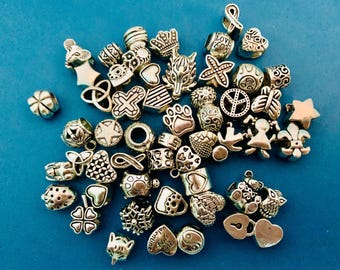 Large Hole Silver Tone Bead Destash 54 Beads Charm Beads Euro Syle Beads Jewelry Supplies Jewelry Making Metal Bead Lot Bulk Beads