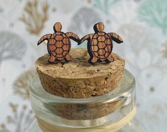 Small Laser Cut Wood Sea Turtle Surgical Steel Earrings