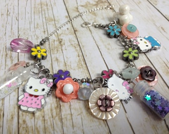 Cute as a Button Flower Kitty Cat Upcycled/Recycled Charm Bracelet