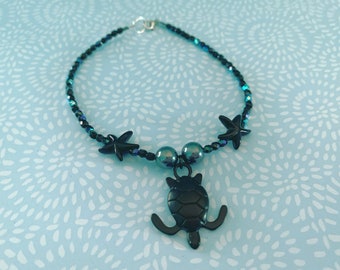 All Black Sea Turtle Anklet 9.75 inches