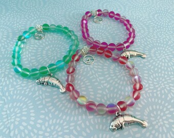 8mm Mystic Mermaid Matte Glass Bead Manatee Stretch Bracelet  3 colors to choose from