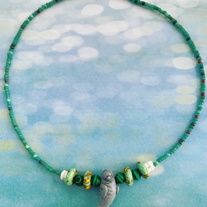 Malachite and African Recycled Glass Bead Manatee Necklace
