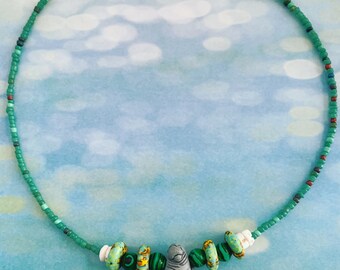 Malachite and African Recycled Glass Bead Manatee Necklace
