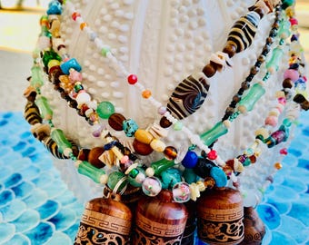Carved Wood Stash Necklace Boho Festival Asian Inspired Beaded Necklaces