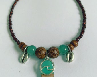 Surfer Girl Wood Resin Ocean Wave Cowrie Shell Anklet