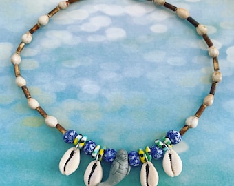 Cowry Shell and African Recycled Glass Bead Manatee Necklace