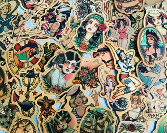 Traditional Tattoo, Sailor Jerry,  Laptop, Water Bottle, Phone, Surfboard, Skateboard, Bike, Luggage Water Proof Decals Stickers 50 ct.
