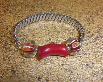 Red Coral and Lampwork Bead Bracelet with upcycled watch band