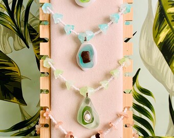 Stacked Puerto Rico Seaglass Glass Flower Lei Necklaces Seaglass Necklace Hawaiian Glass Flower Lei Necklace