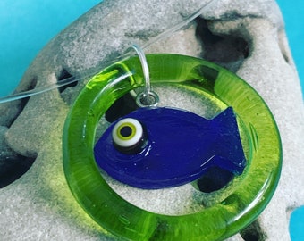 Glass Bluefish Swimming in Glass Ring Invisible Necklace