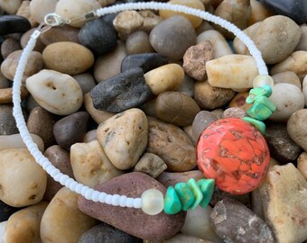Coral Coin and stone chip Anklet