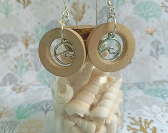 Wood Hoop Ocean Wave Dangle Earrings