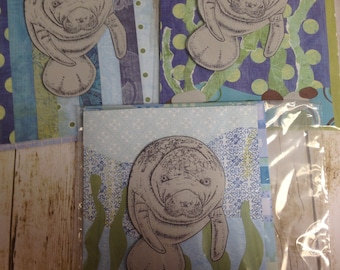 3 Handmade Manatee Cards Blank