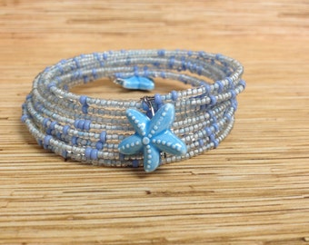 Blue Starfish Stacking Memory Wire Bracelet 12 wraps