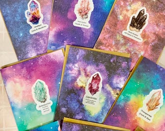 Tarjetas de notas en blanco con sobres, papel Kraft, 6 unidades, cristales, piedras preciosas, curación, minerales, rocas, geología, zen, místico, hippie, cósmico.