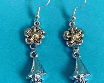 Starfish Queen Conch Shell Fish Hook Earrings