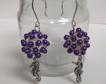 Purple Pearl Sphere and Seahorse  Earrings