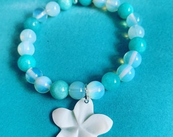 Plumeria Moonstone Amazonite Stretchy Bracelet with Monstera Leaf Charm