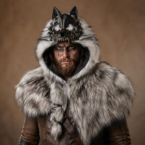 Puede incluir: Una capucha de piel sintética con una máscara de cráneo de lobo negra y dorada en la parte superior. La capucha está hecha de piel sintética larga y gruesa, de color gris y blanco, que cae sobre los hombros. La máscara tiene detalles tallados.