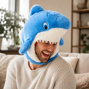 May include: A plush shark hat featuring a bright blue exterior with a soft white underbelly and interior lining. The hat includes a cartoon-style shark face with large blue and white eyes and a row of white triangular teeth framing the face opening.