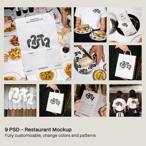 Puede incluir: Una maqueta de restaurante con el logotipo "Pasta" en varios elementos, como una bolsa de papel, camisetas y menús. Las escenas también presentan comida y entornos de comedor. El texto "Good Food Homemade Dry Pasta" es visible. La maqueta es totalmente personalizable.