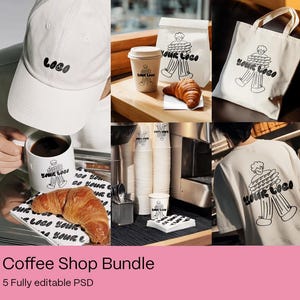 Puede incluir: Un paquete de tienda de café con una gorra de béisbol blanca, tazas de café, un bolso de mano, una taza y una camiseta. Cada artículo muestra un logotipo negro y el texto "Your Logo". También se ven un cruasán y café.