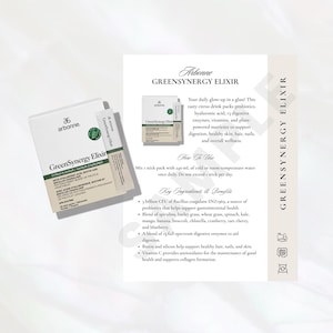 May include: A box of Arbonne GreenSynergy Elixir with a citrus flavor. The box is white with green and black text. A product information sheet is next to the box, with text about the product's ingredients and benefits.