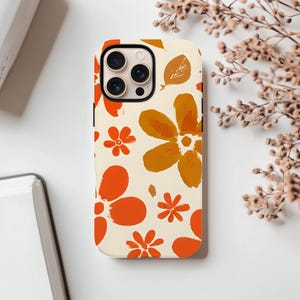 Floral Orange Flower Painting Tough iPhone Case, iPhone 14 15 16 Pro Max, Fall Phone Case, Autumn Phone Case, Spiced Neutral Colours