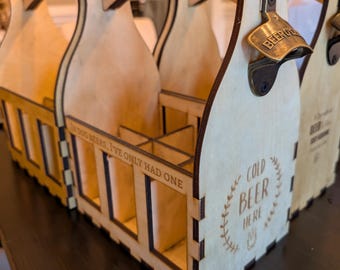 Personalized Wooden Beer Caddy – 6-Pack Drink Holder or Condiment Holder with Magnetic Opener