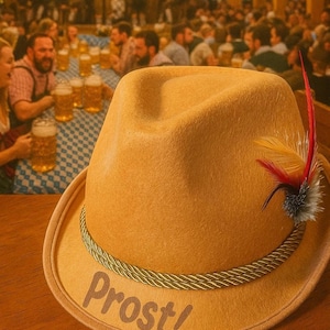 May include: A tan felt hat featuring a twisted green cord band around the crown and the word Prost! printed in brown on the brim. A decorative feather plume in shades of red, yellow, and grey is attached to the side of the hat, which is positioned in front of a blurred scene of people holding beer mugs.