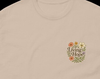Levande hopp kristen t-shirt för kvinnor – Bibelvers-t-shirt – 1 Petrus 1:3 tro grafisk t-shirt