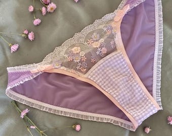 Embroidered Lace and Plaid Bubble Grid Women's Underwear Flower Lace Underwear Vintage Lingerie Handmade