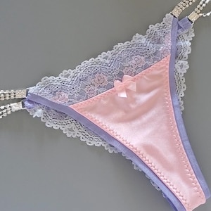 Rhinestones with Satin and Lace Cheeky Panties Handmade In The USA Women&#39;s Underwear Satin Panty Unique Gift Lace and Satin Pink Underwear