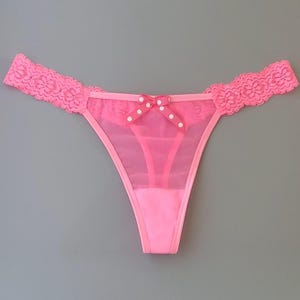 Polka-dot And Hot Pink Mesh And Lace Thong Panties Cute Panty Women&#39;s Underwear Sexy Mesh Thong Mesh Lingerie Handmade In The USA Panties