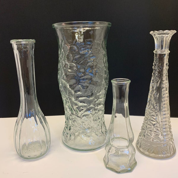 Vintage 4 Clear Glass Vases Flower Vases Bud Vases Shower or Wedding Decor