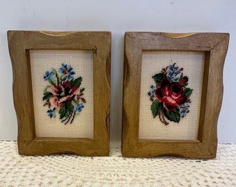 Vintage 2 Petti Point Needlepoint Embroidery Small Wood Framed Flower Pictures Mid Century About 4.5 by 3.5