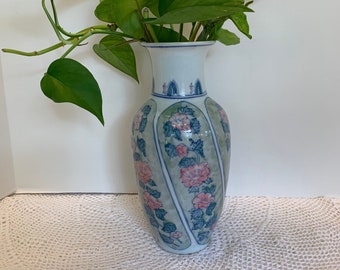 Vintage Chinoiserie Porcelain Blue White Pink Vase 10" tall Coastal Living Asian Style English Cottage Mother's Day Gift