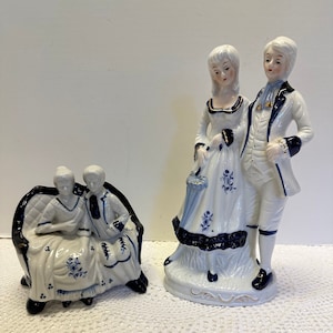 Vintage 2 Victorian Blue White Porcelain Figurines Man and Woman Standing and Sitting English Country Decor French Colonial
