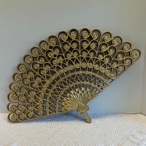 Vintage Large Fan Shiny Gold Wall Hangings 20" by 13" Burwood Homco Hollywood Regency